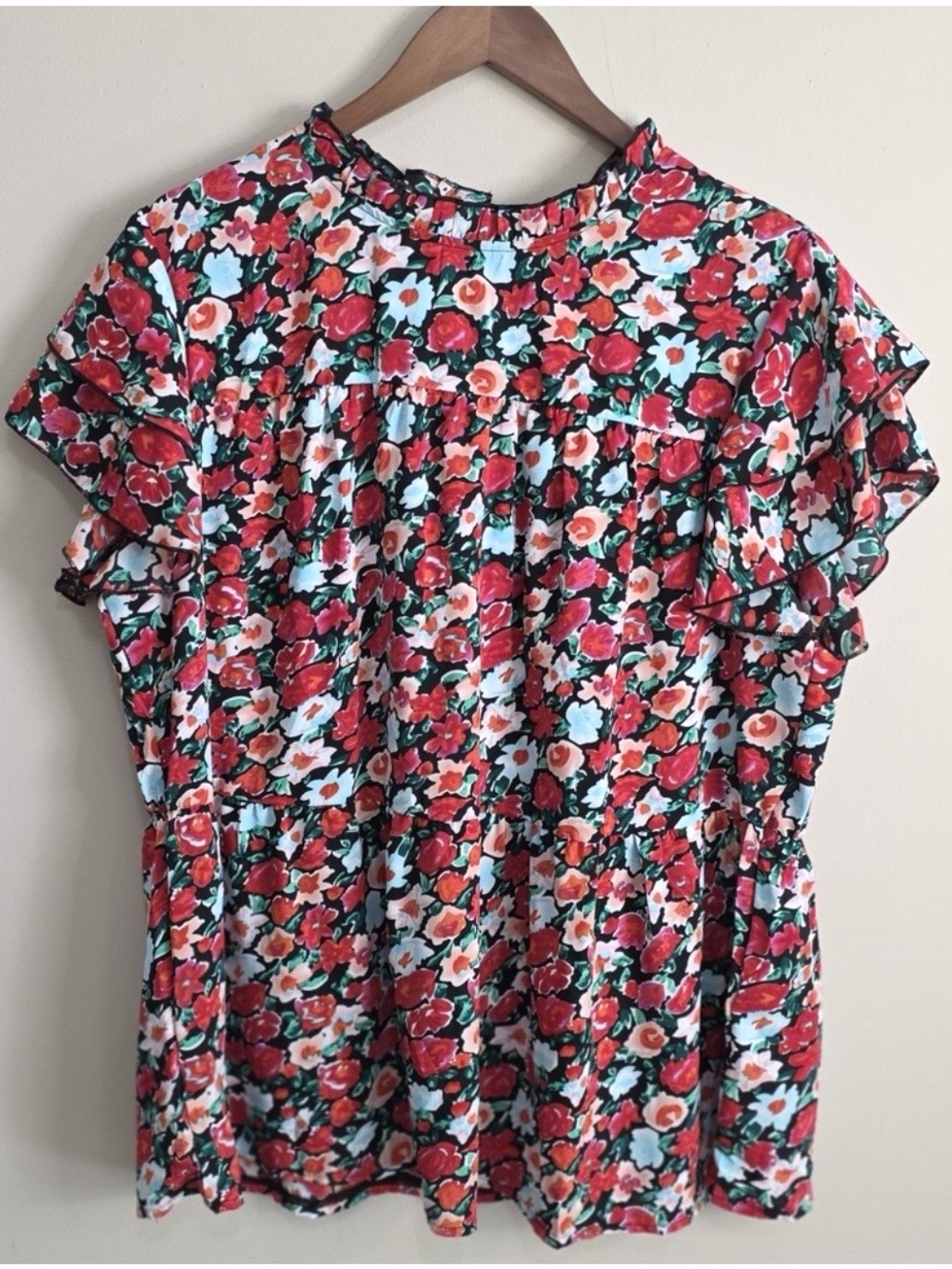 PRETTYGARDEN Floral Tiered Blouse Womens XL Black Red Ruffle Sleeve Babydoll NEW